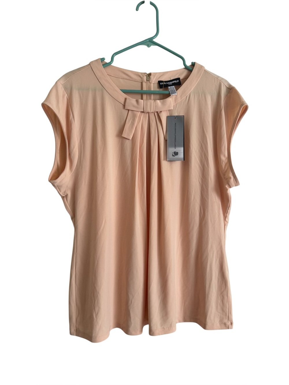 Karl Lagerfeld Paris Peach Bow Collar Pleated Cap Sleeve Blouse Top XL NWT
